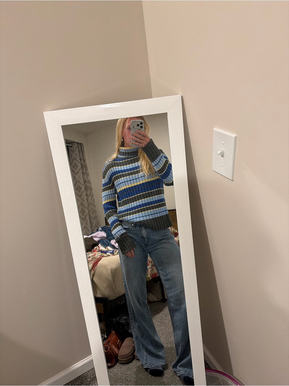 Striped Blue Turtleneck Sweater - Women's 100% cotton y2k
